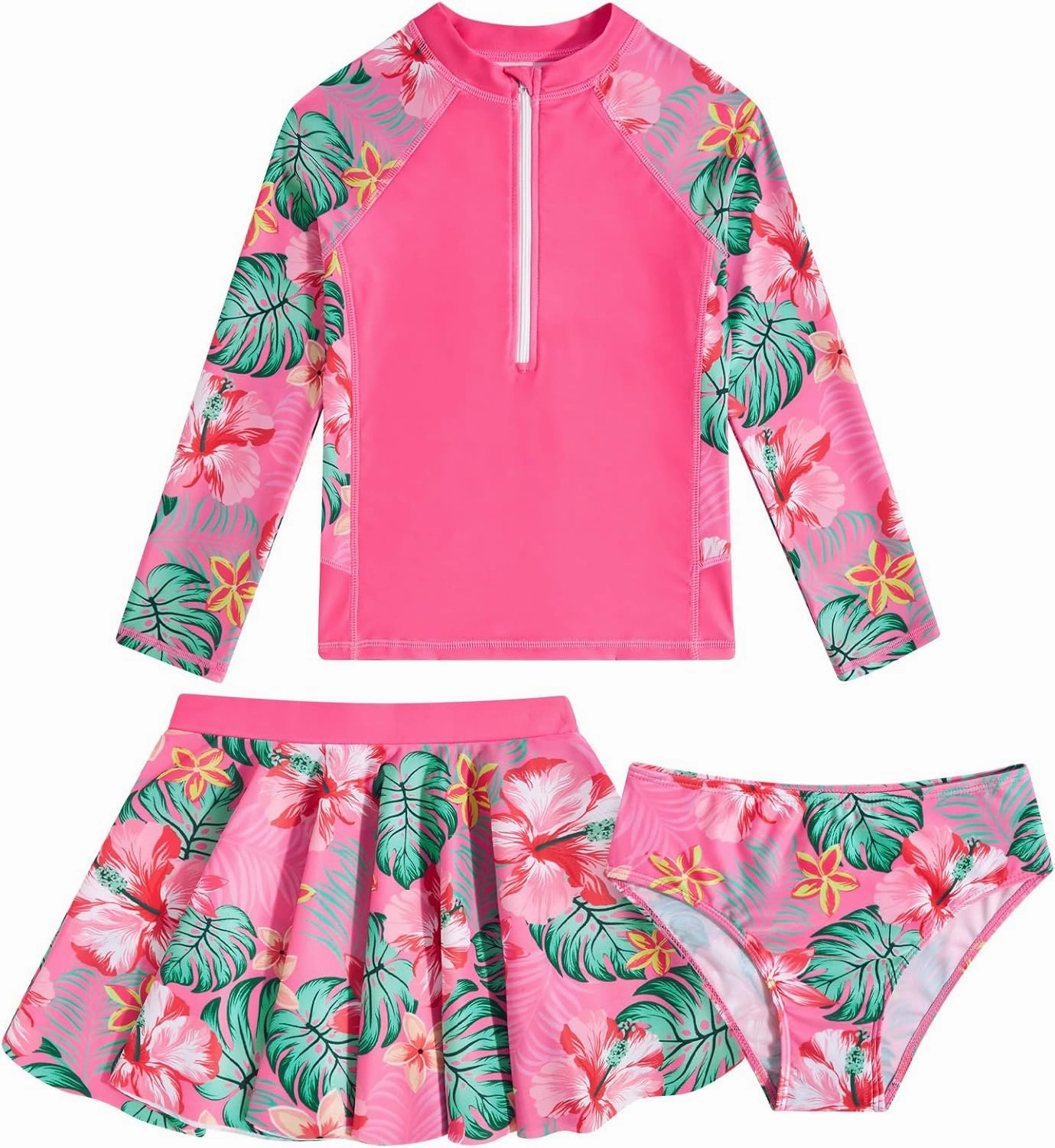 Girls Swimsuit 3-Piece Zipper Rash Guard UPF 50  Long Sleeve Skirt Set Bathing Suit Size 6-12 Years