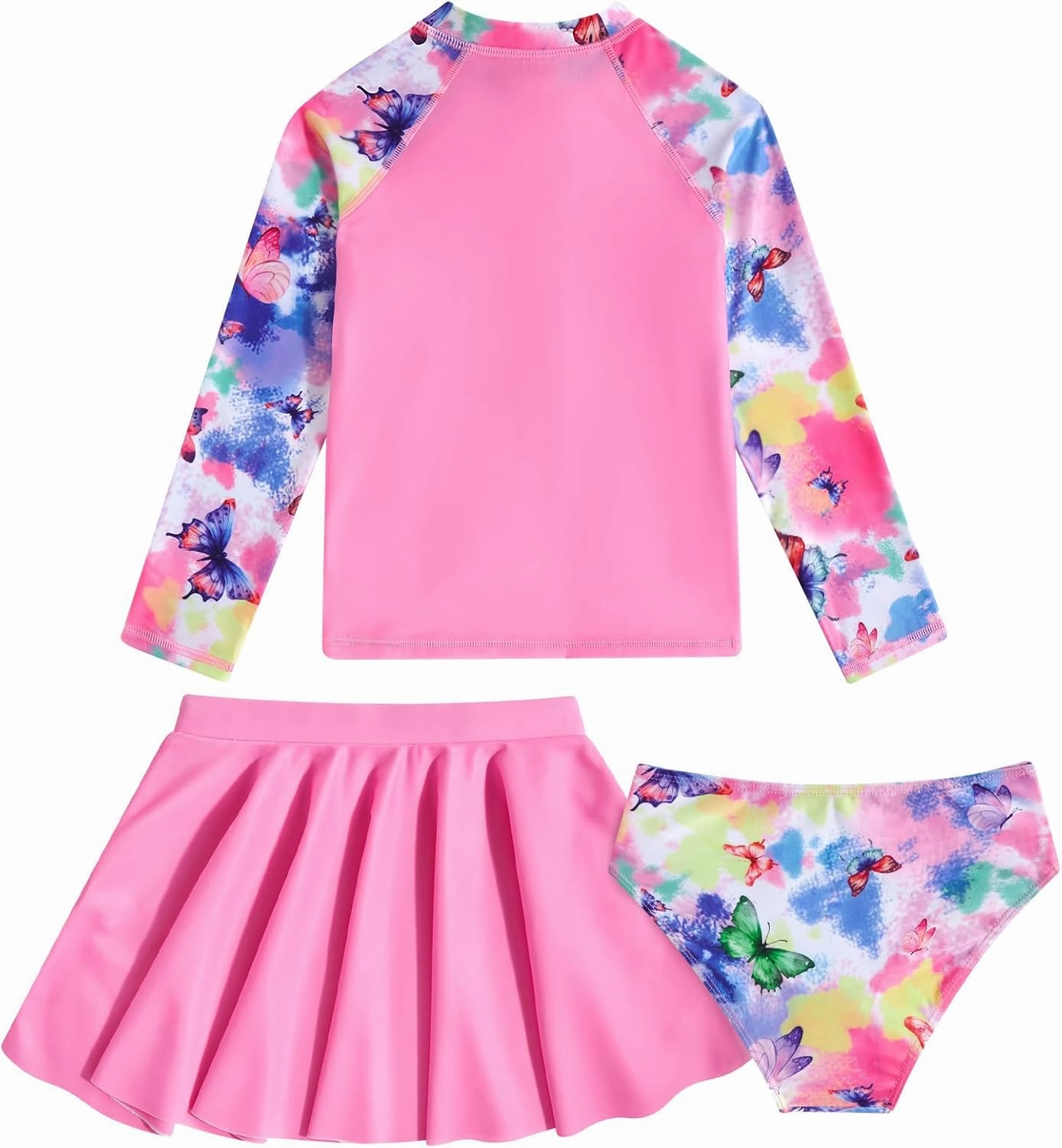 Girls Swimsuit 3-Piece Zipper Rash Guard UPF 50  Long Sleeve Skirt Set Bathing Suit Size 6-12 Years