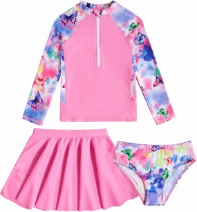 Girls Swimsuit 3-Piece Zipper Rash Guard UPF 50  Long Sleeve Skirt Set Bathing Suit Size 6-12 Years