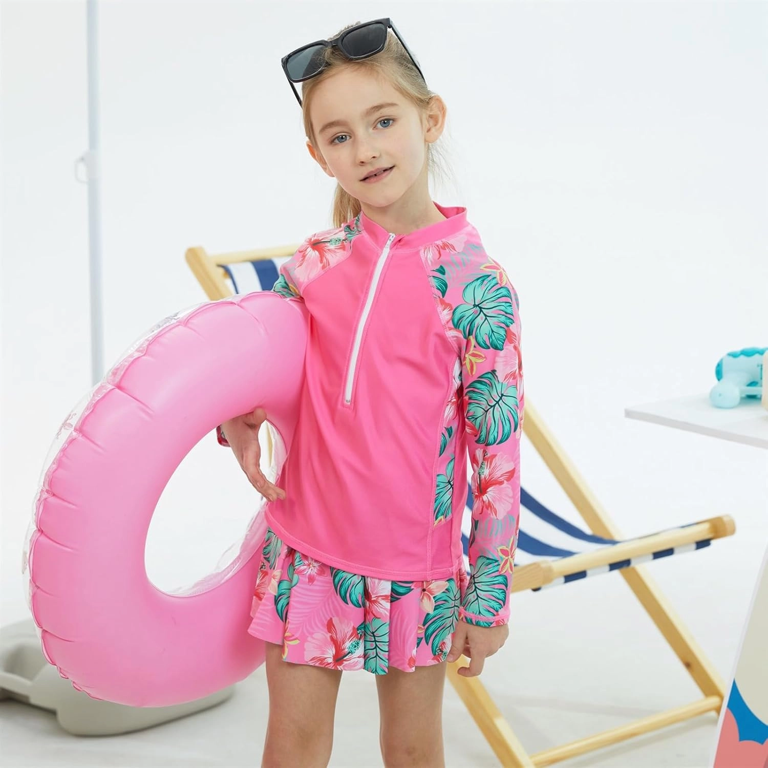 Girls Swimsuit 3-Piece Zipper Rash Guard UPF 50  Long Sleeve Skirt Set Bathing Suit Size 6-12 Years