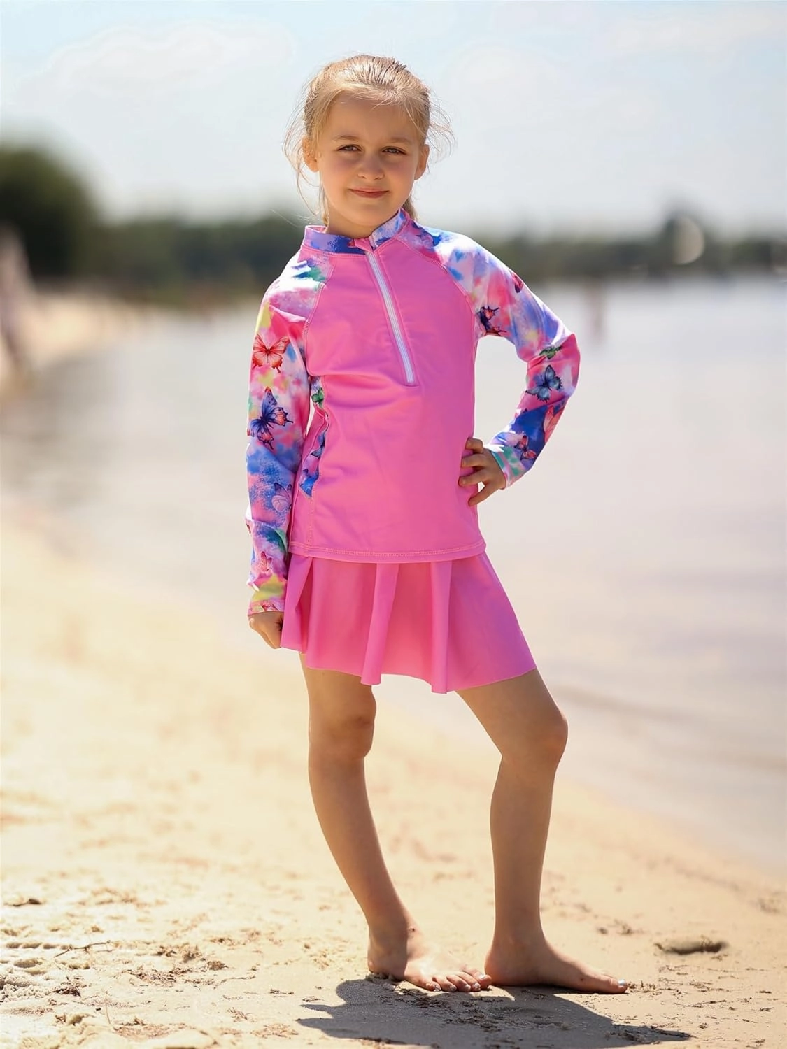 Girls Swimsuit 3-Piece Zipper Rash Guard UPF 50  Long Sleeve Skirt Set Bathing Suit Size 6-12 Years