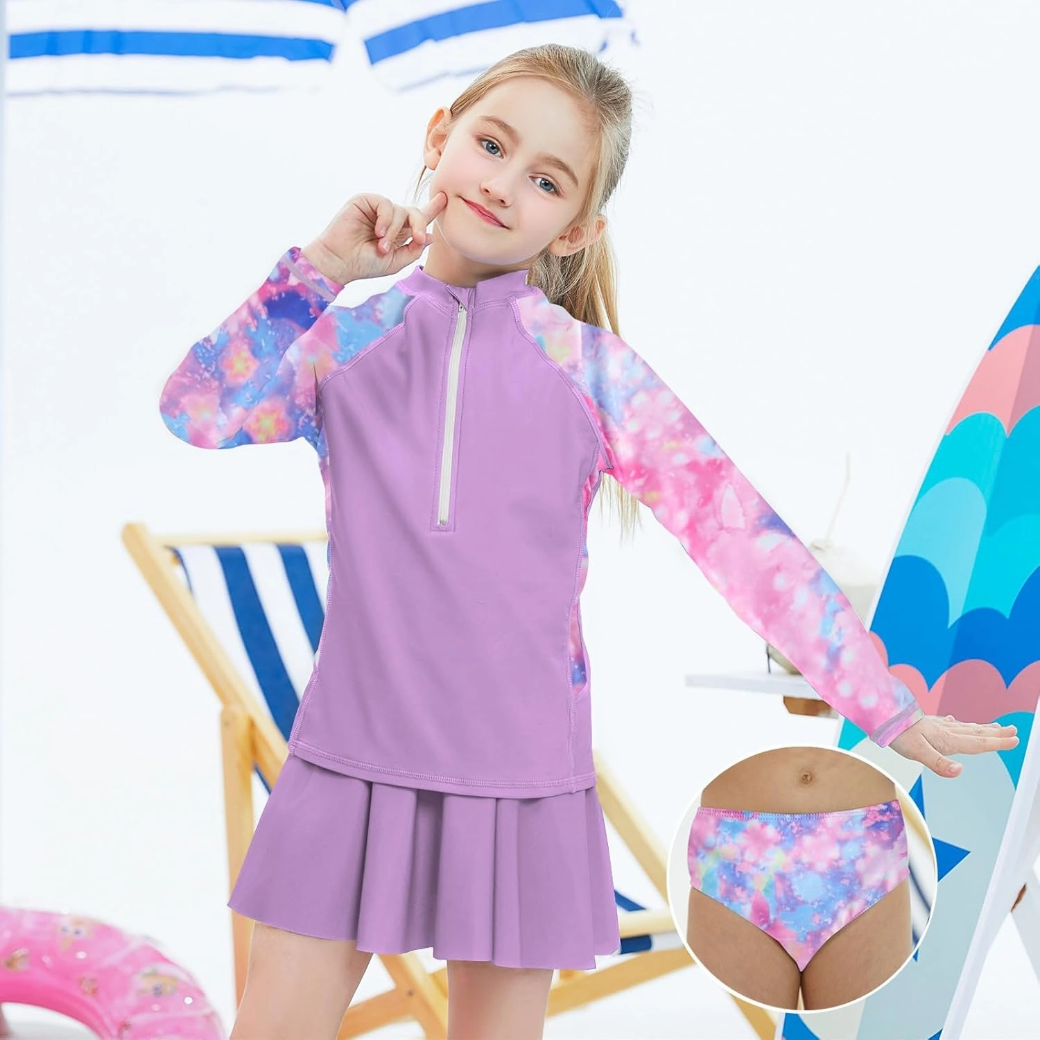 Girls Swimsuit 3-Piece Zipper Rash Guard UPF 50  Long Sleeve Skirt Set Bathing Suit Size 6-12 Years