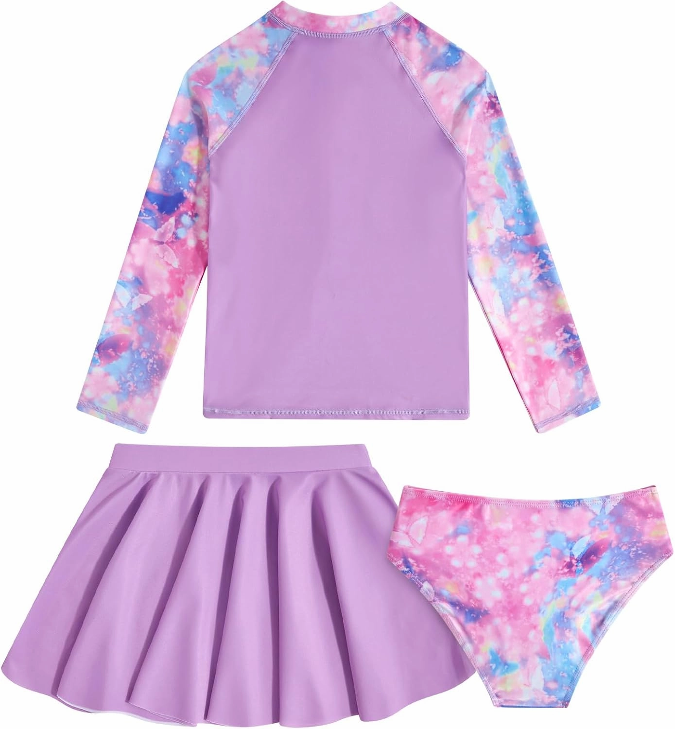 Girls Swimsuit 3-Piece Zipper Rash Guard UPF 50  Long Sleeve Skirt Set Bathing Suit Size 6-12 Years