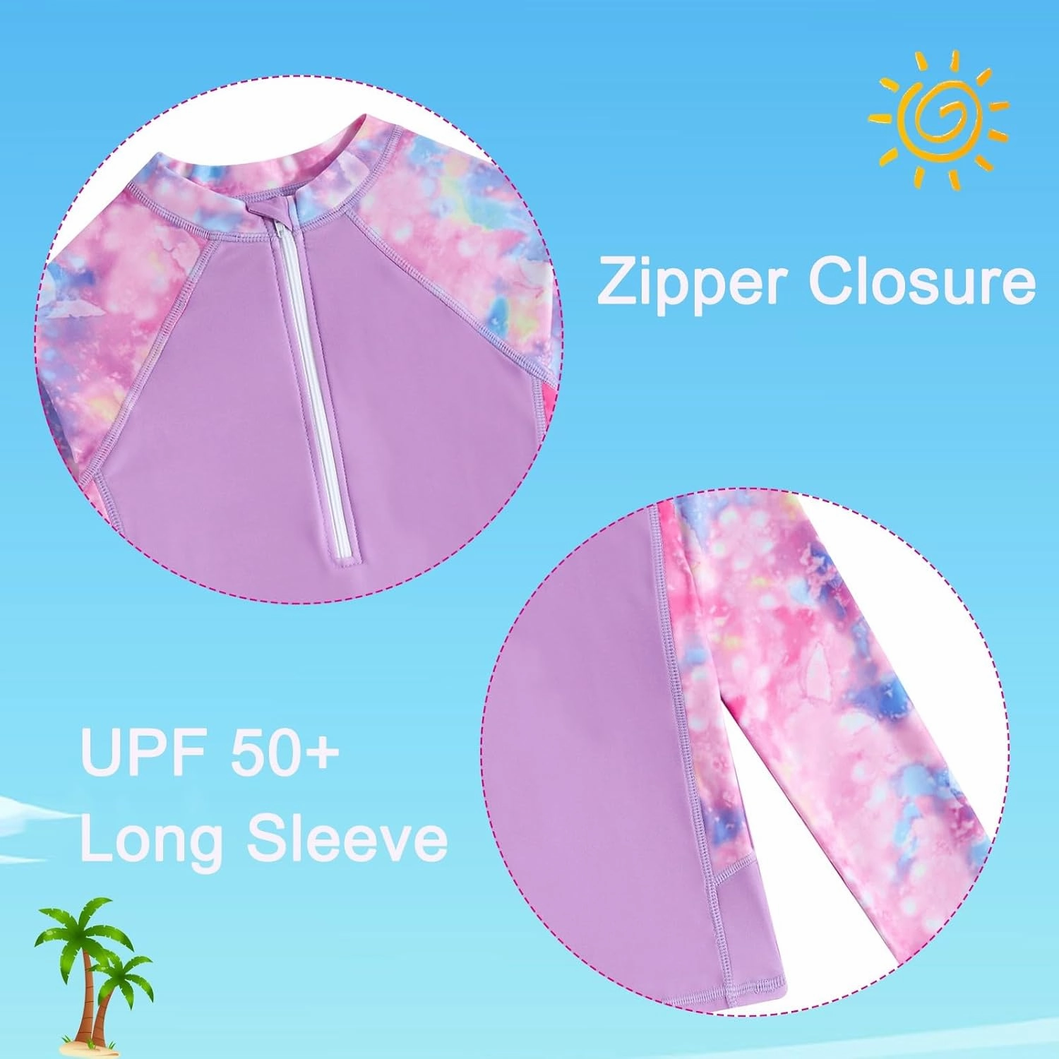 Girls Swimsuit 3-Piece Zipper Rash Guard UPF 50  Long Sleeve Skirt Set Bathing Suit Size 6-12 Years