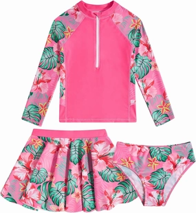 Girls Swimsuit 3-Piece Zipper Rash Guard UPF 50  Long Sleeve Skirt Set Bathing Suit Size 6-12 Years
