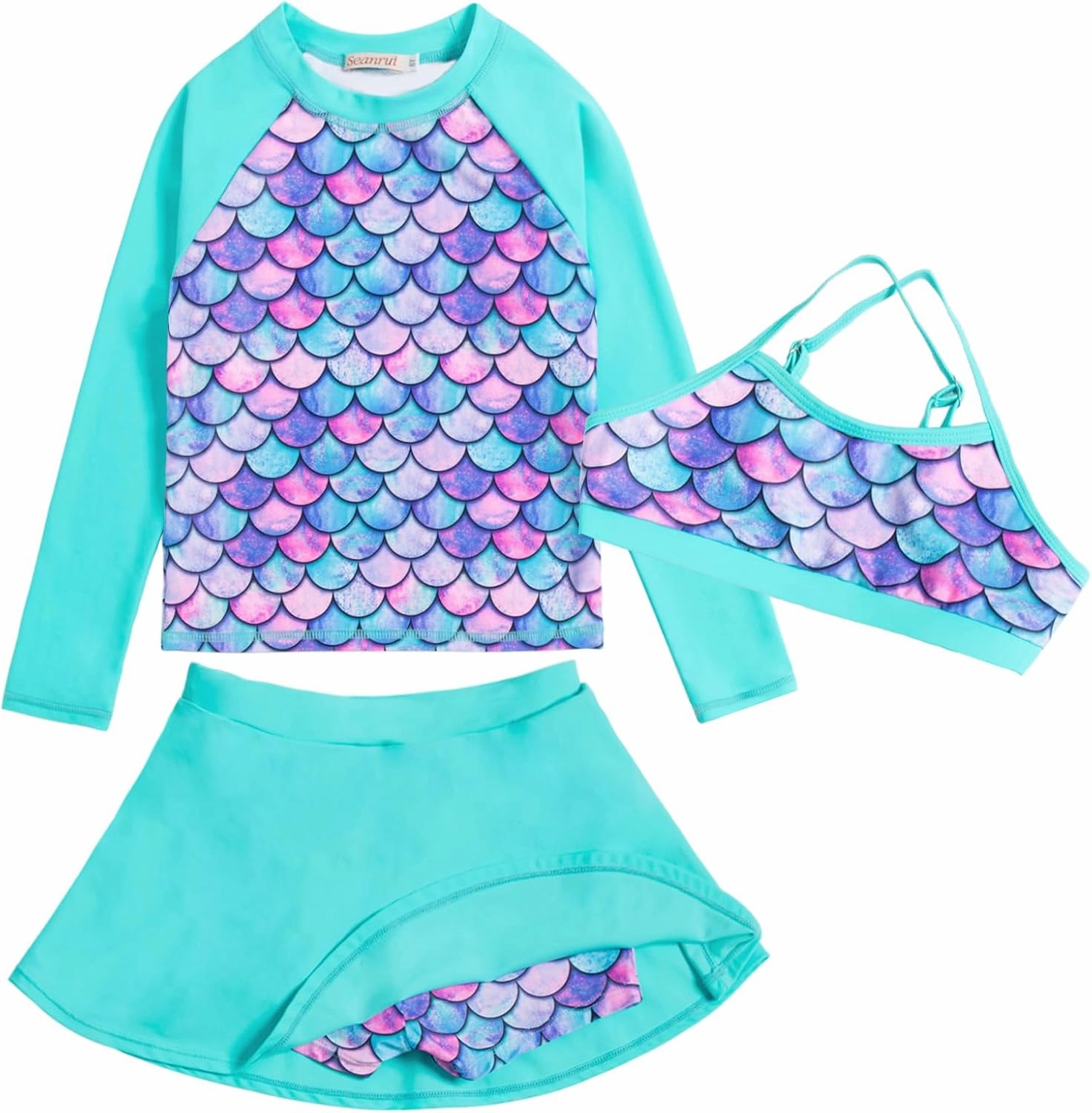 Girls Swimsuit Long Sleeve Swim Shirt 3 Piece Rash Guard for Girls Bathing Suit with Boyshorts