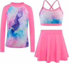 Girls Swimsuit Long Sleeve Swim Shirt 3 Piece Rash Guard for Girls Bathing Suit with Boyshorts