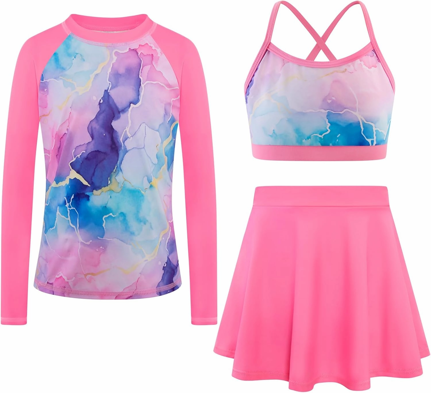 Girls Swimsuit Long Sleeve Swim Shirt 3 Piece Rash Guard for Girls Bathing Suit with Boyshorts