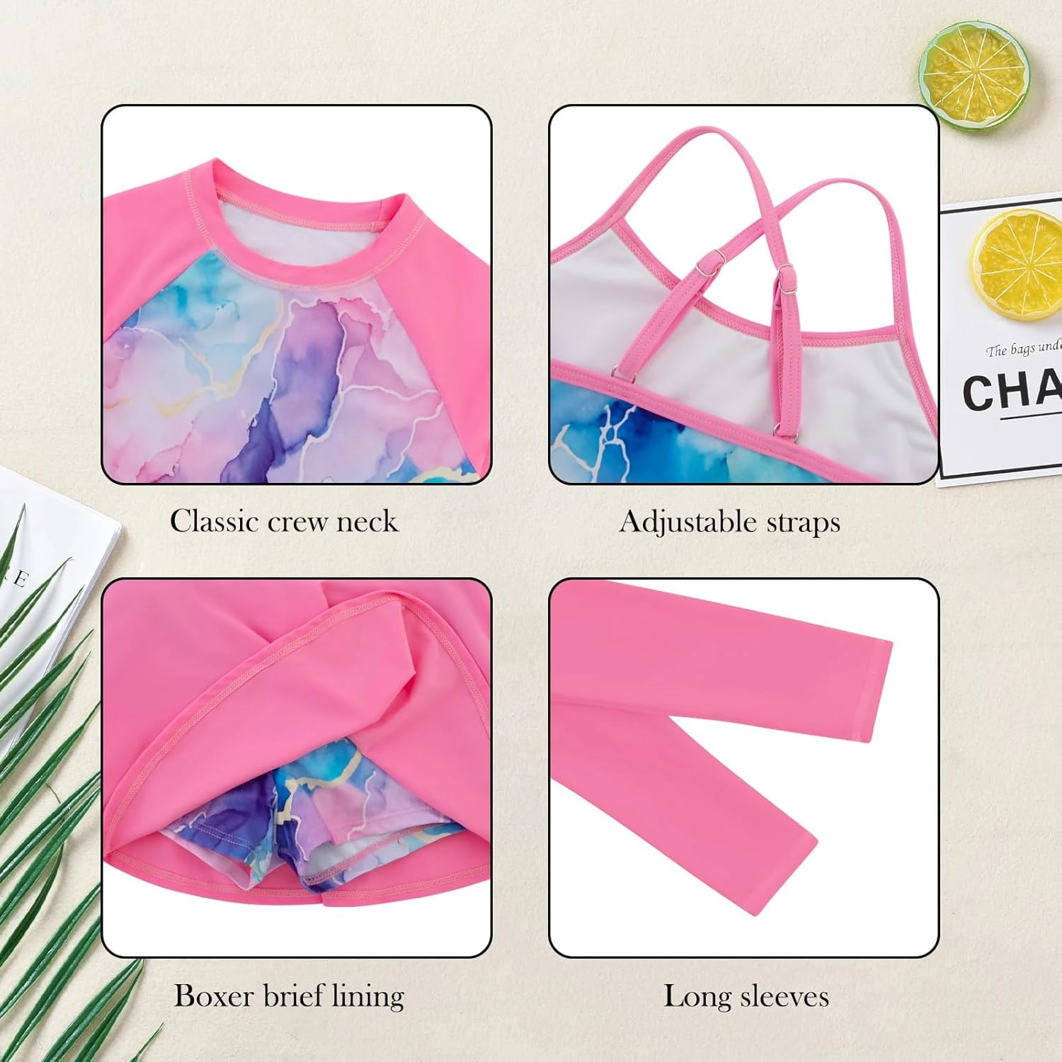 Girls Swimsuit Long Sleeve Swim Shirt 3 Piece Rash Guard for Girls Bathing Suit with Boyshorts
