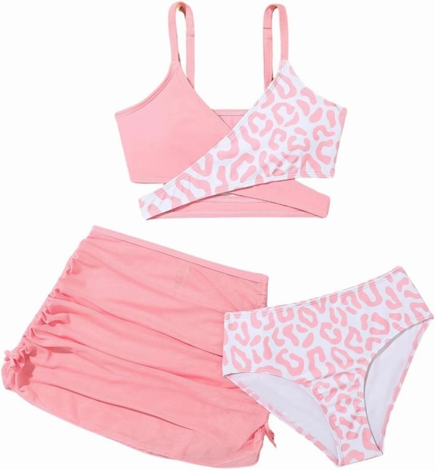 Girls Swimsuits 3 Piece Bathing Suit Leopard Printed Bikini Set with Cover Up Skirt Summer Beach Swimwear 6-15 Years