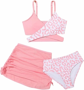 Girls Swimsuits 3 Piece Bathing Suit Leopard Printed Bikini Set with Cover Up Skirt Summer Beach Swimwear 6-15 Years