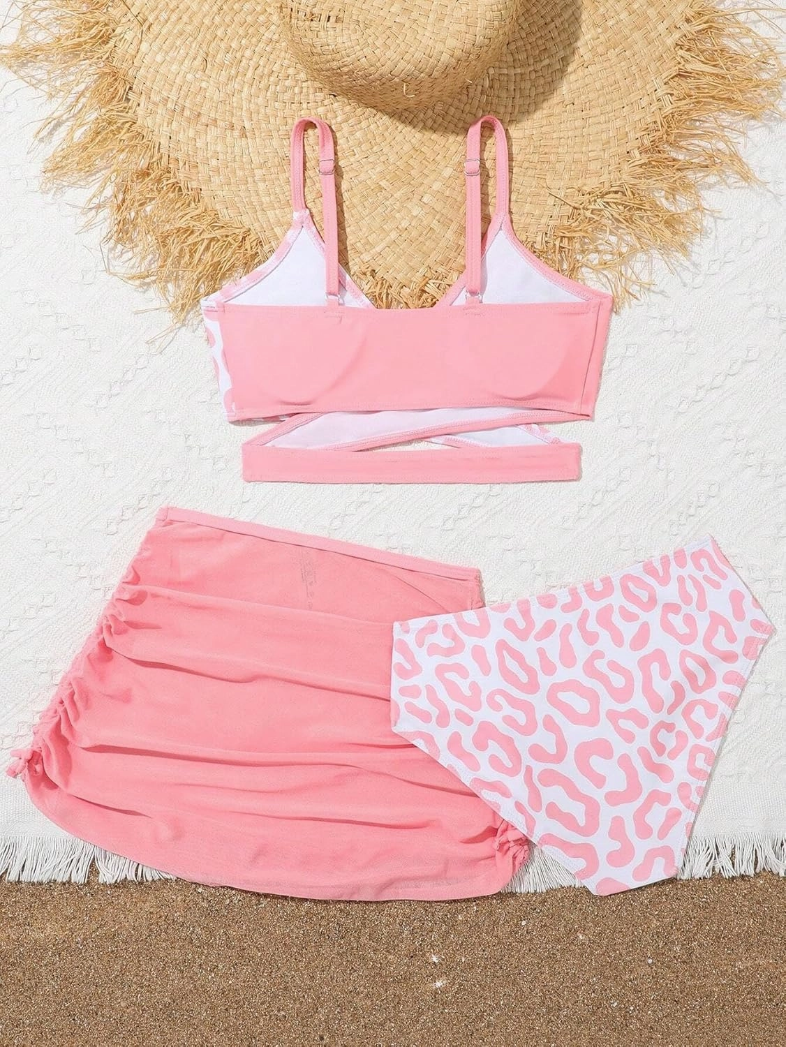Girls Swimsuits 3 Piece Bathing Suit Leopard Printed Bikini Set with Cover Up Skirt Summer Beach Swimwear 6-15 Years