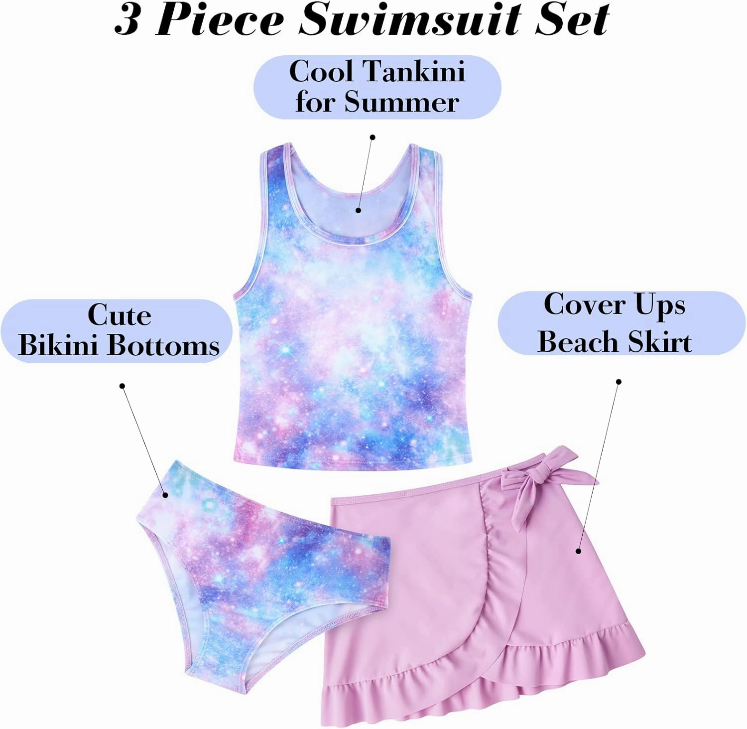 Girls Swimsuits 3 Piece Tankini Bathing Suit Set Cute Bikini Swimwear with Cover Ups Beach Skirt 5-12 Years