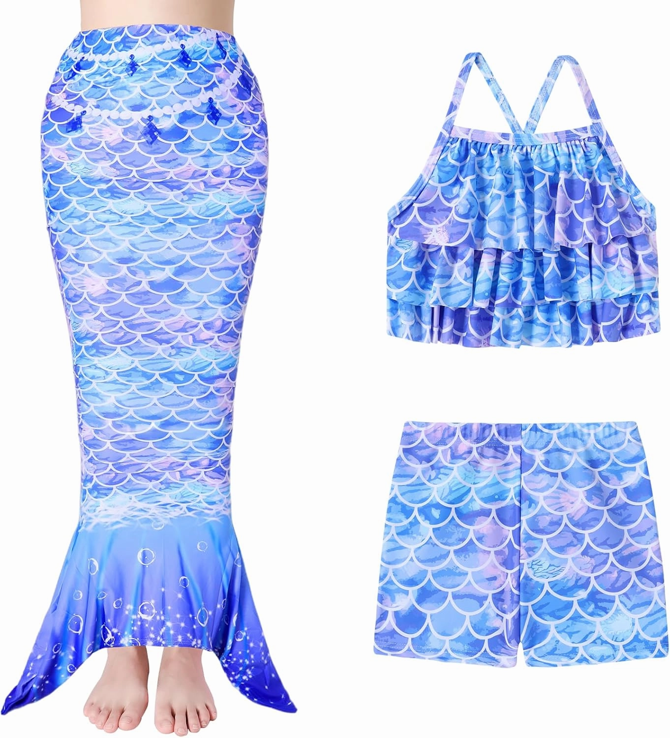 Girls Tankini Swimsuit 3 Piece Mermaid Bathing Suit Kids Ruffle Top with Shorts Fish Tail Set Swimwear