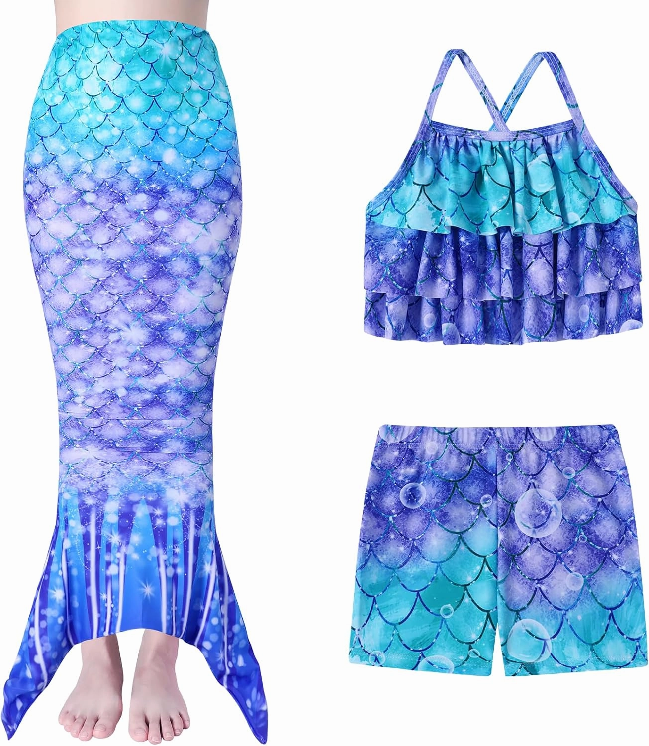 Girls Tankini Swimsuit 3 Piece Mermaid Bathing Suit Kids Ruffle Top with Shorts Fish Tail Set Swimwear
