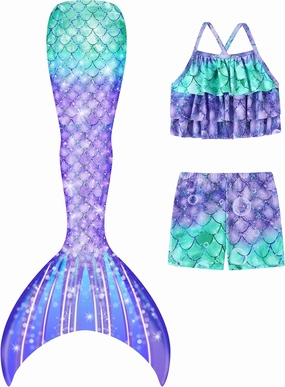 Girls Tankini Swimsuit 3 Piece Mermaid Bathing Suit Kids Ruffle Top with Shorts Fish Tail Set Swimwear