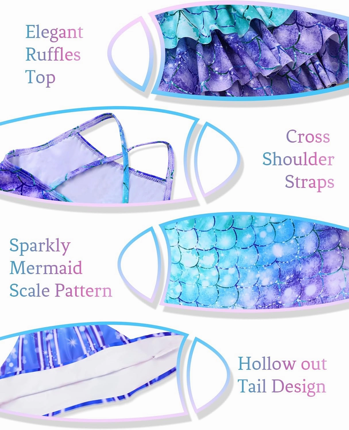 Girls Tankini Swimsuit 3 Piece Mermaid Bathing Suit Kids Ruffle Top with Shorts Fish Tail Set Swimwear