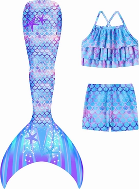 Girls Tankini Swimsuit 3 Piece Mermaid Bathing Suit Kids Ruffle Top with Shorts Fish Tail Set Swimwear