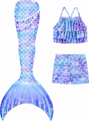 Girls Tankini Swimsuit 3 Piece Mermaid Bathing Suit Kids Ruffle Top with Shorts Fish Tail Set Swimwear
