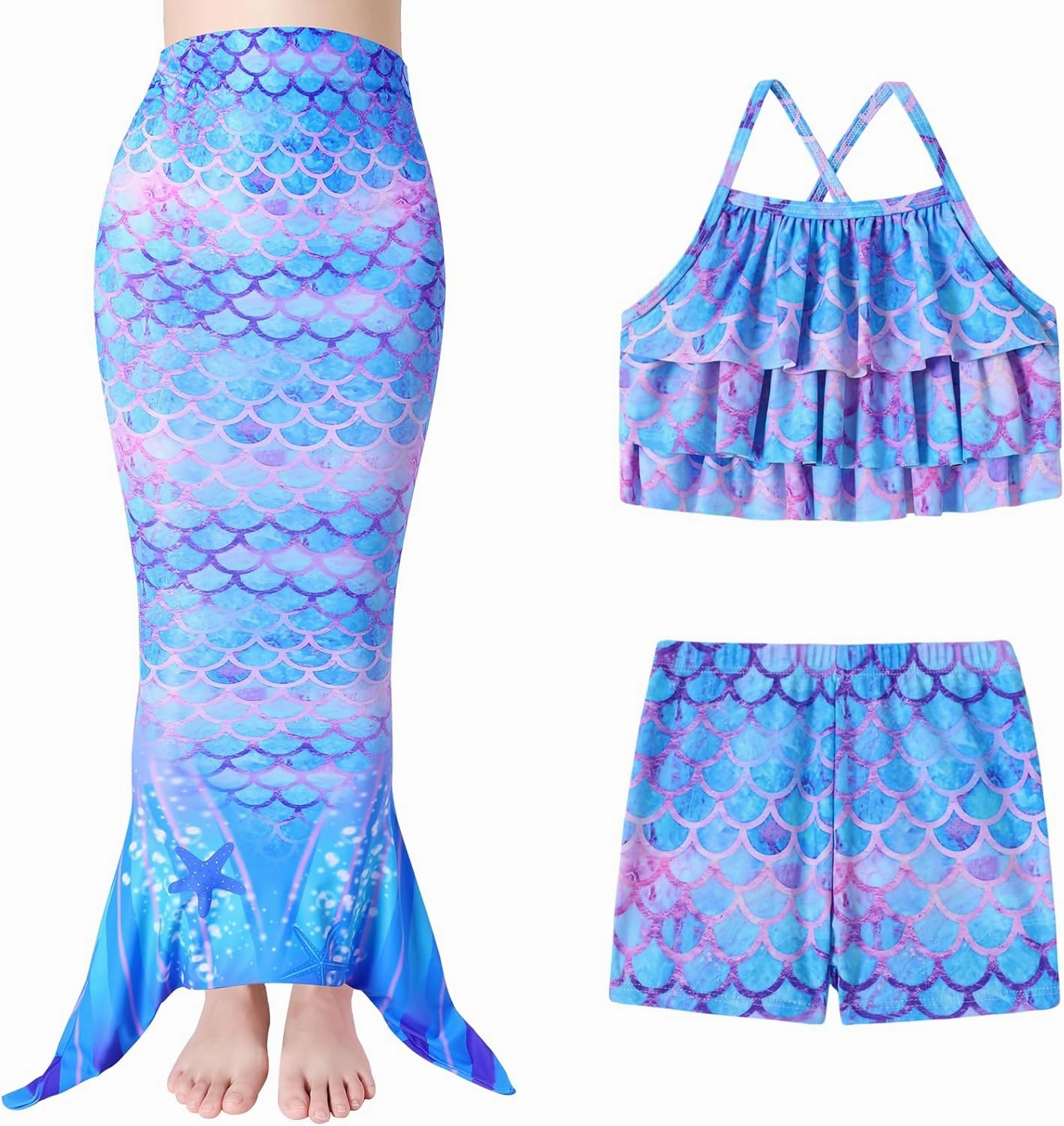 Girls Tankini Swimsuit 3 Piece Mermaid Bathing Suit Kids Ruffle Top with Shorts Fish Tail Set Swimwear