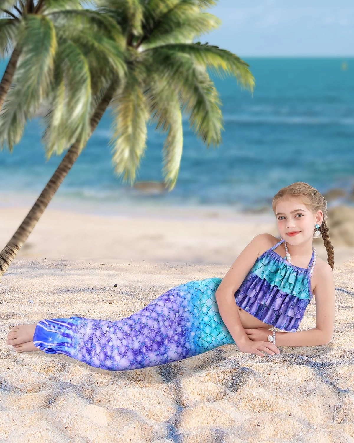 Girls Tankini Swimsuit 3 Piece Mermaid Bathing Suit Kids Ruffle Top with Shorts Fish Tail Set Swimwear