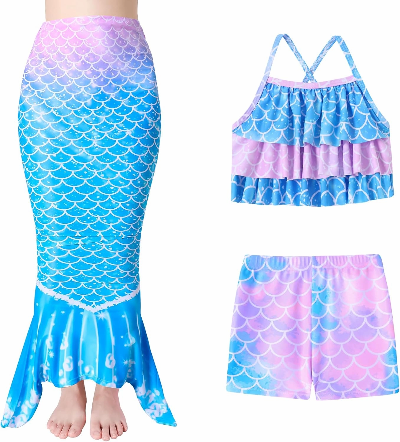 Girls Tankini Swimsuit 3 Piece Mermaid Bathing Suit Kids Ruffle Top with Shorts Fish Tail Set Swimwear