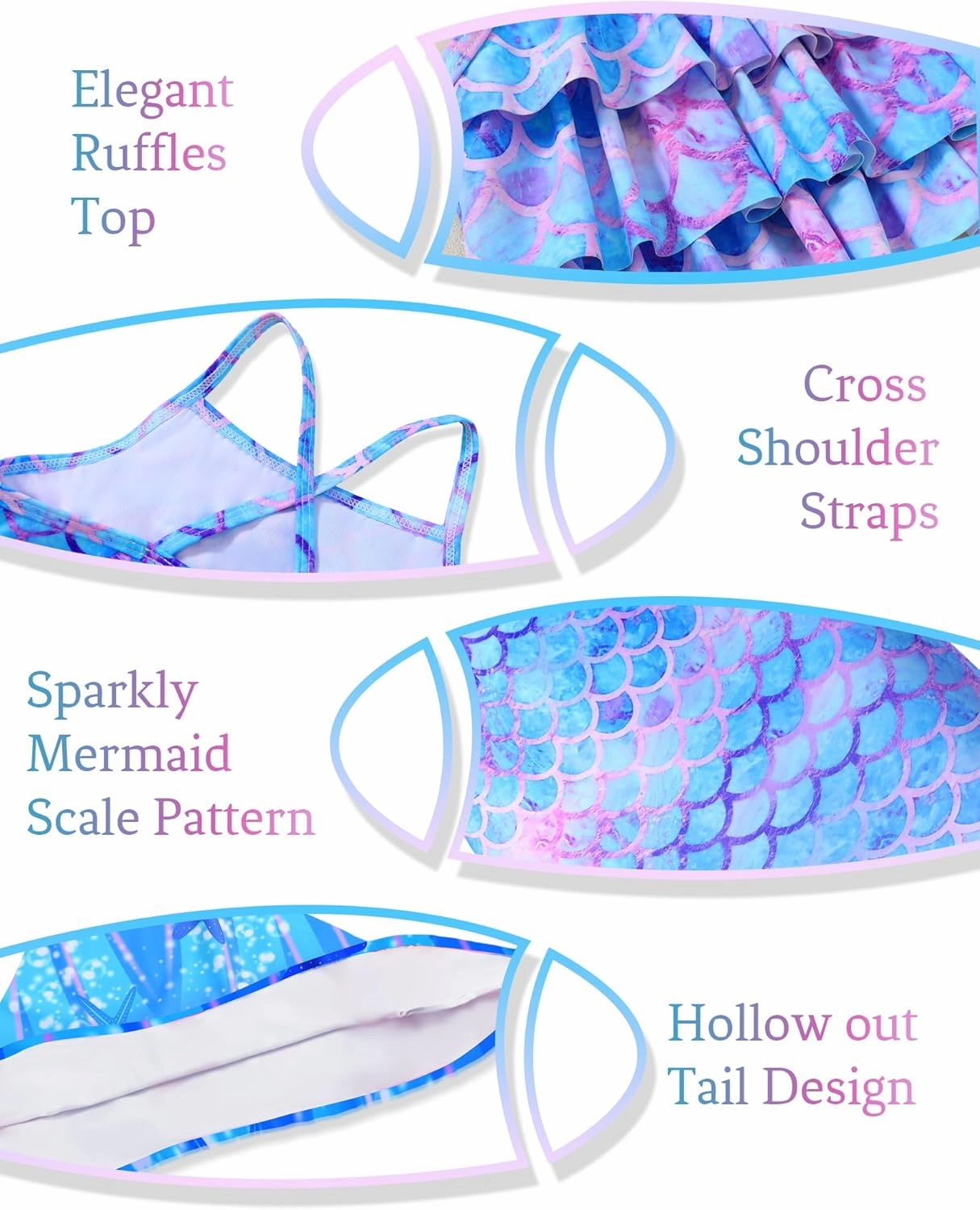 Girls Tankini Swimsuit 3 Piece Mermaid Bathing Suit Kids Ruffle Top with Shorts Fish Tail Set Swimwear