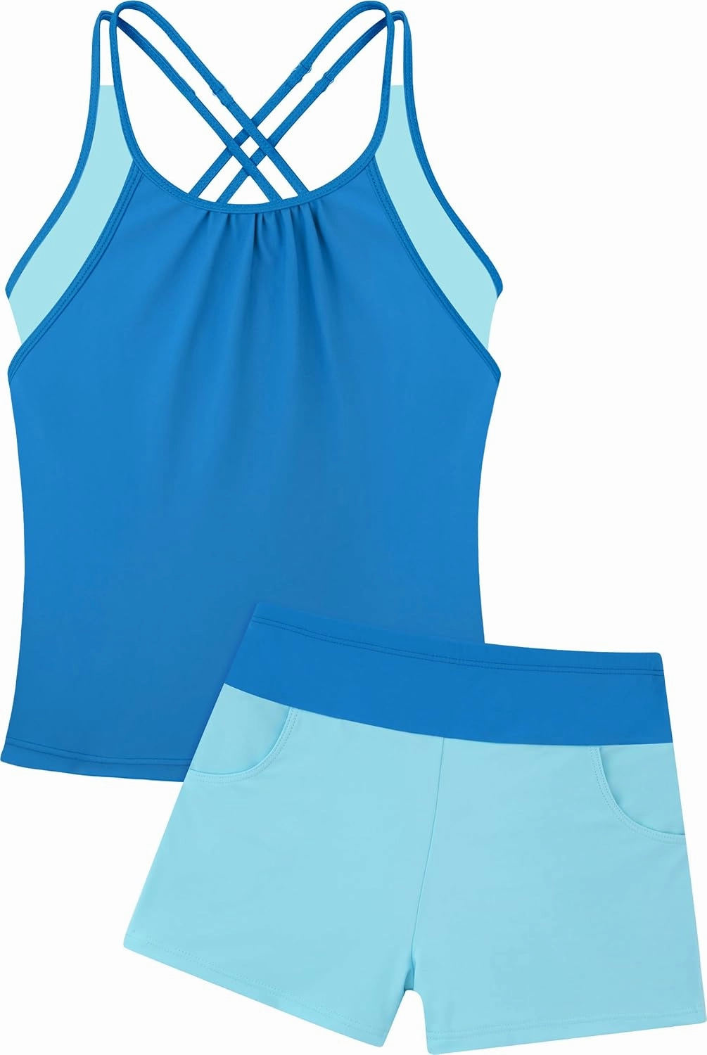 Girls Tankini Swimsuit Cross Straps Back Two Piece Bathing Suits with Pockets Shorts Swimwear Set 5-14 Years