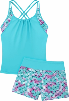 Girls Tankini Swimsuit Cross Straps Back Two Piece Bathing Suits with Pockets Shorts Swimwear Set 5-14 Years