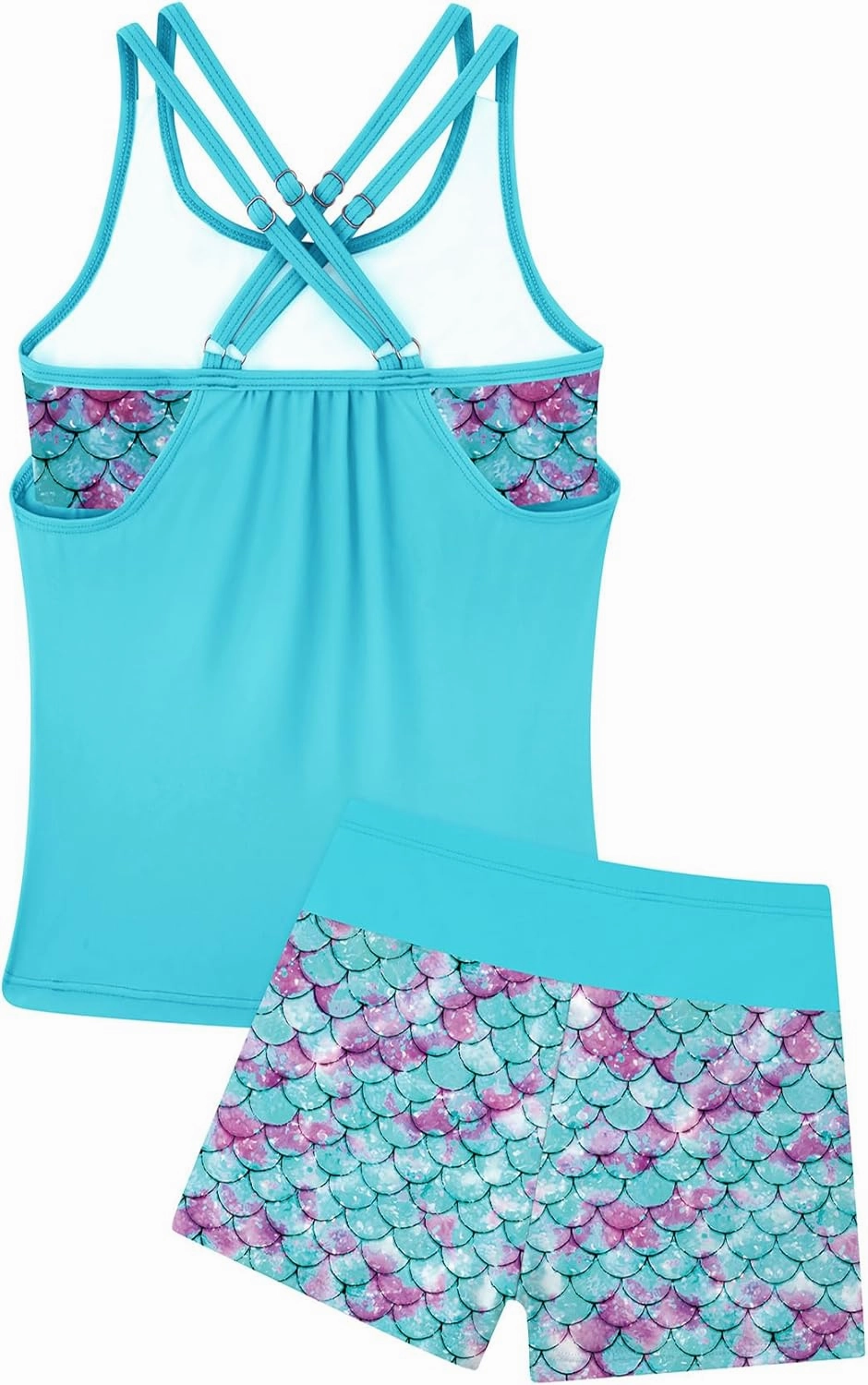 Girls Tankini Swimsuit Cross Straps Back Two Piece Bathing Suits with Pockets Shorts Swimwear Set 5-14 Years