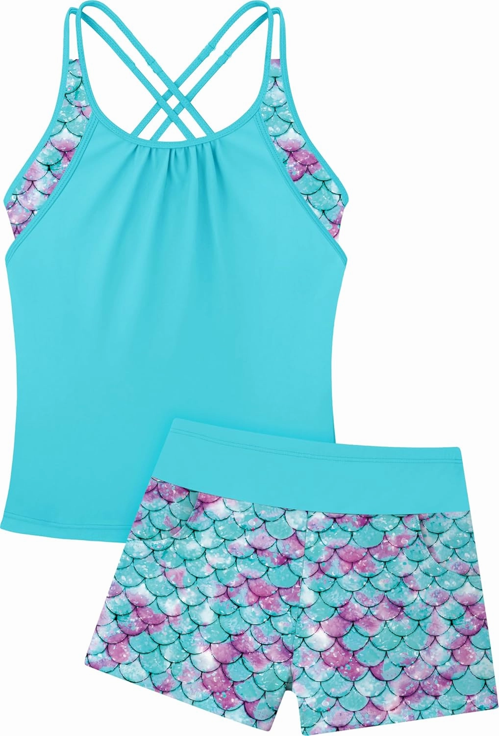 Girls Tankini Swimsuit Cross Straps Back Two Piece Bathing Suits with Pockets Shorts Swimwear Set 5-14 Years