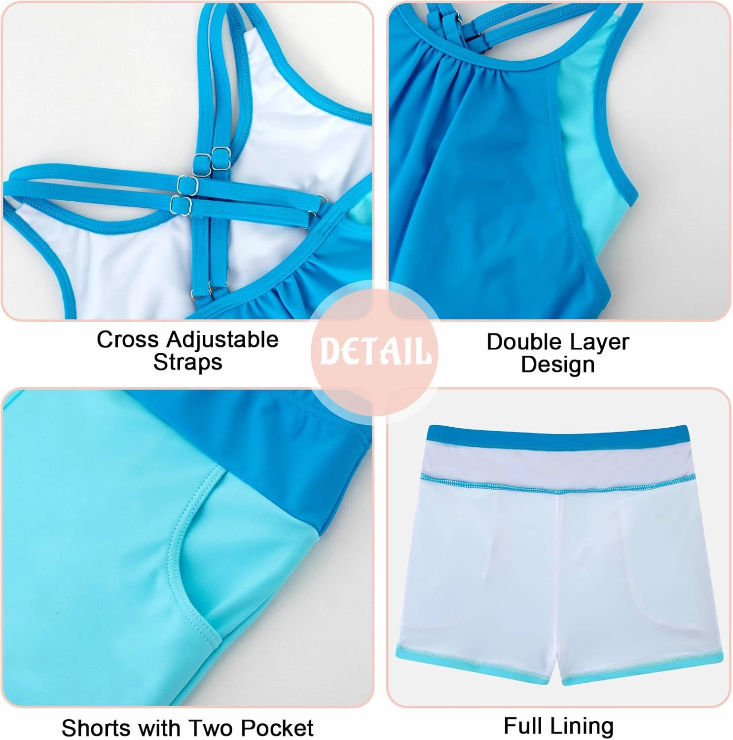 Girls Tankini Swimsuit Cross Straps Back Two Piece Bathing Suits with Pockets Shorts Swimwear Set 5-14 Years