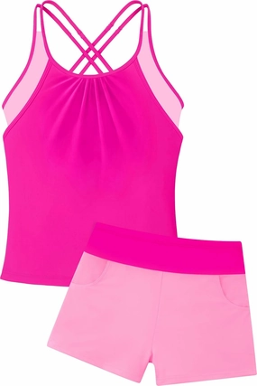 Girls Tankini Swimsuit Cross Straps Back Two Piece Bathing Suits with Pockets Shorts Swimwear Set 5-14 Years