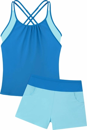 Girls Tankini Swimsuit Cross Straps Back Two Piece Bathing Suits with Pockets Shorts Swimwear Set 5-14 Years