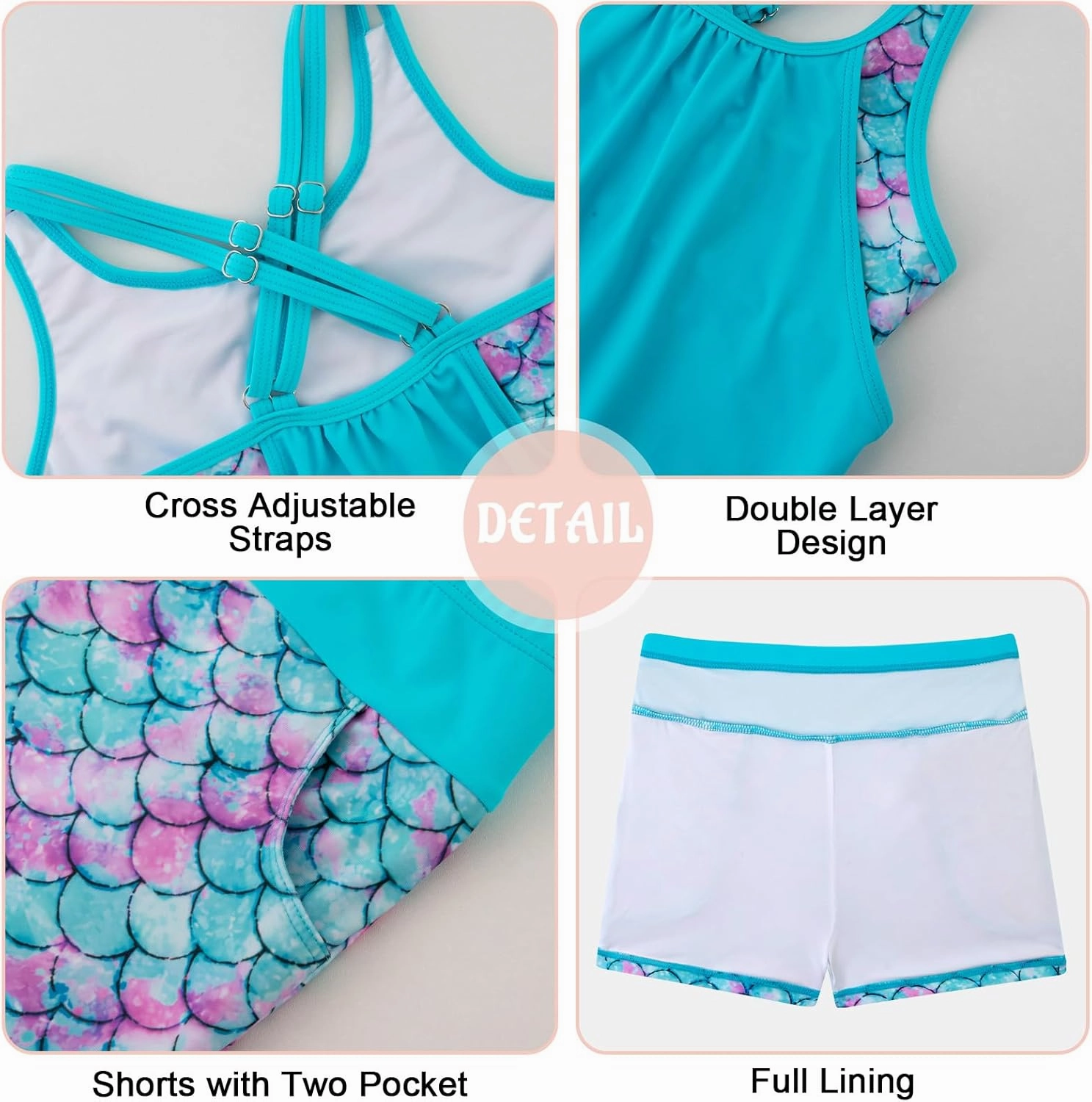 Girls Tankini Swimsuit Cross Straps Back Two Piece Bathing Suits with Pockets Shorts Swimwear Set 5-14 Years