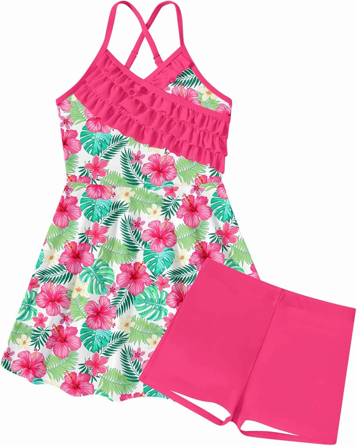 Girls Tankini Swimsuits Set Size 7-12Y Two Piece Bathing Suits with Shorts Adjustable Cross Strap Swimwear