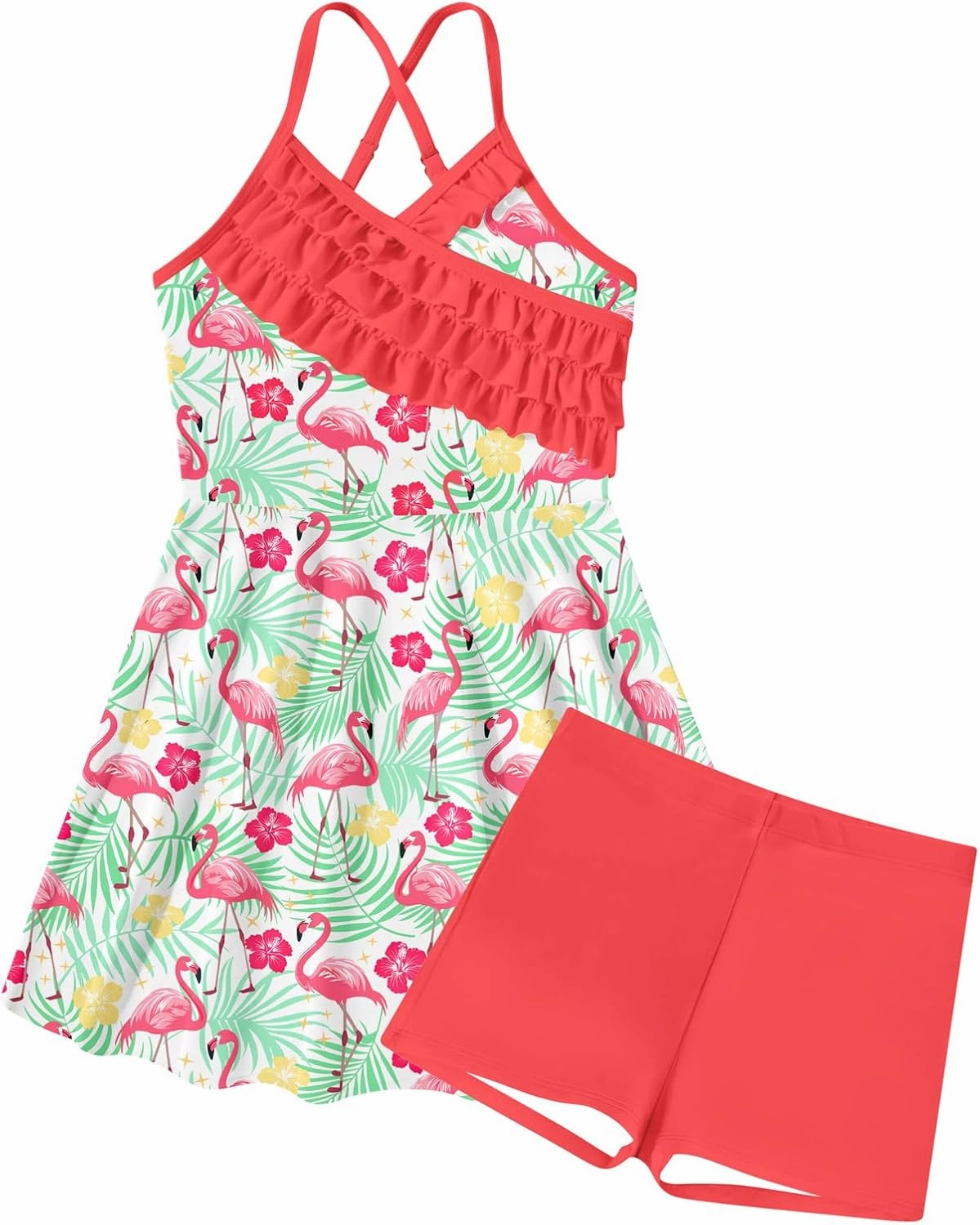 Girls Tankini Swimsuits Set Size 7-12Y Two Piece Bathing Suits with Shorts Adjustable Cross Strap Swimwear
