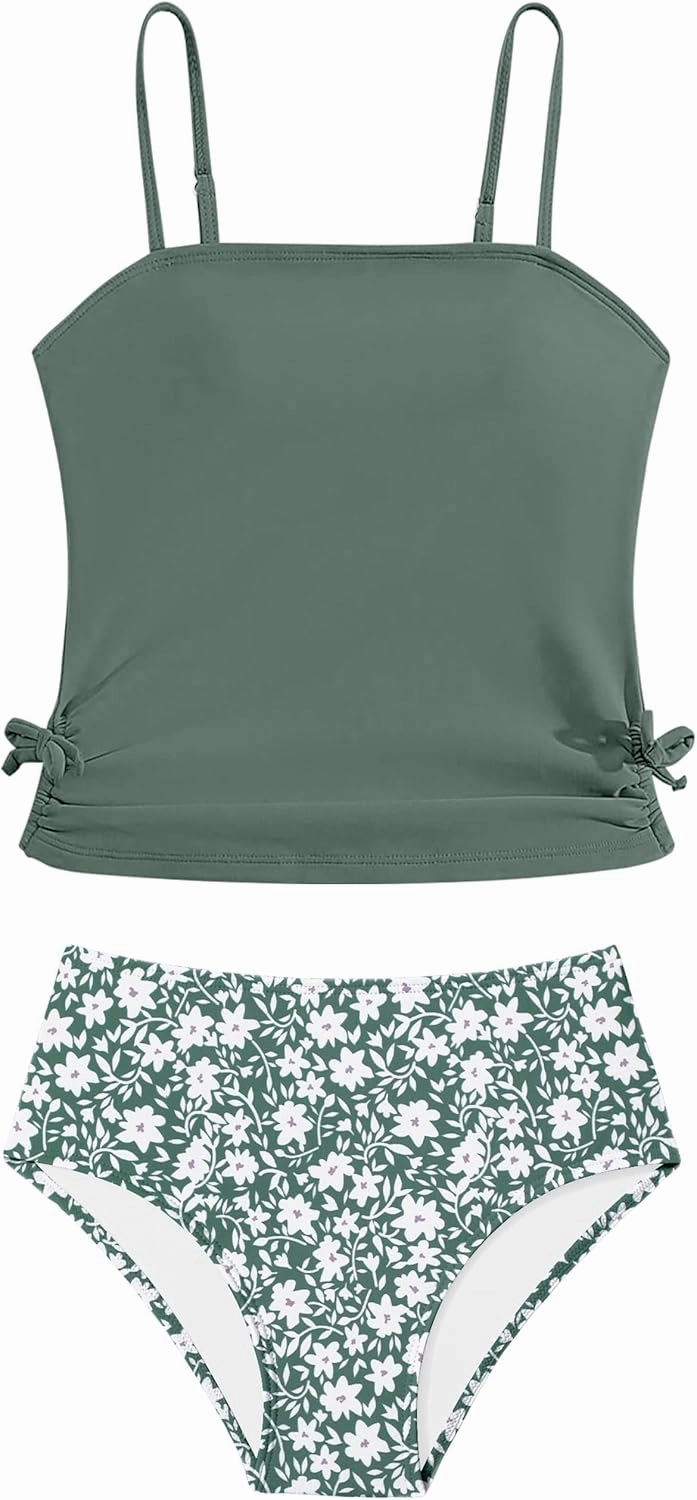 Girls Tankini Swimsuits Two Piece Bathing Suit Drawstring Swimwear Set for Girls 7-14 Years