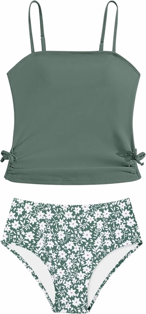 Girls Tankini Swimsuits Two Piece Bathing Suit Drawstring Swimwear Set for Girls 7-14 Years