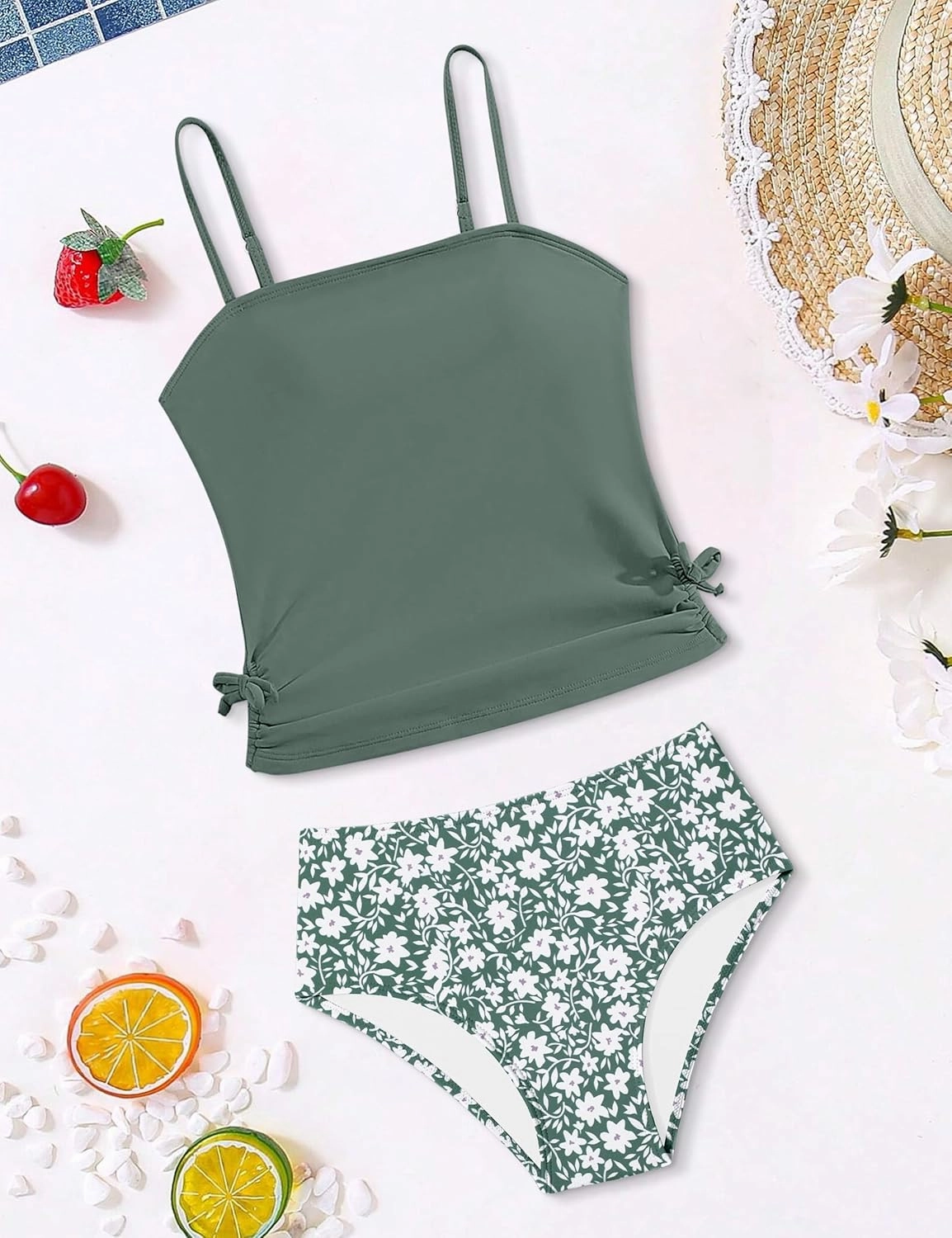 Girls Tankini Swimsuits Two Piece Bathing Suit Drawstring Swimwear Set for Girls 7-14 Years