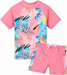 Girls Two Piece Swimsuit Floral UPF 50  Rash Guard Set Kids Beach Swimwear