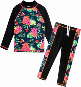 Girls Two Piece Swimsuit Long Sleeve Floral Bathing Suit UPF 50  Summer Beach Swimwear