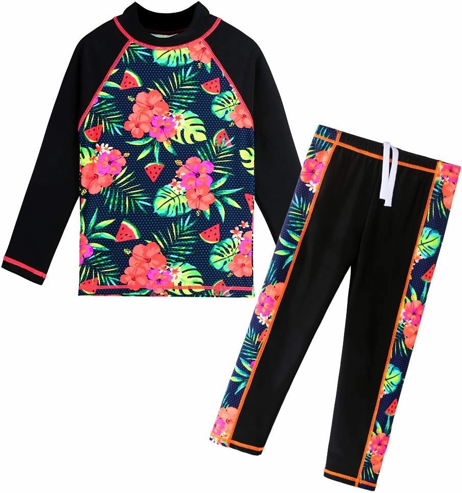 Girls Two Piece Swimsuit Long Sleeve Floral Bathing Suit UPF 50  Summer Beach Swimwear