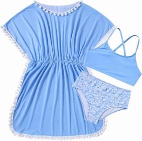 Goodstoworld 7-12Y Girls 3 Piece Cover Up Swimsuit Hawaiian Bikini Bathing Suit with Pompom Tassel