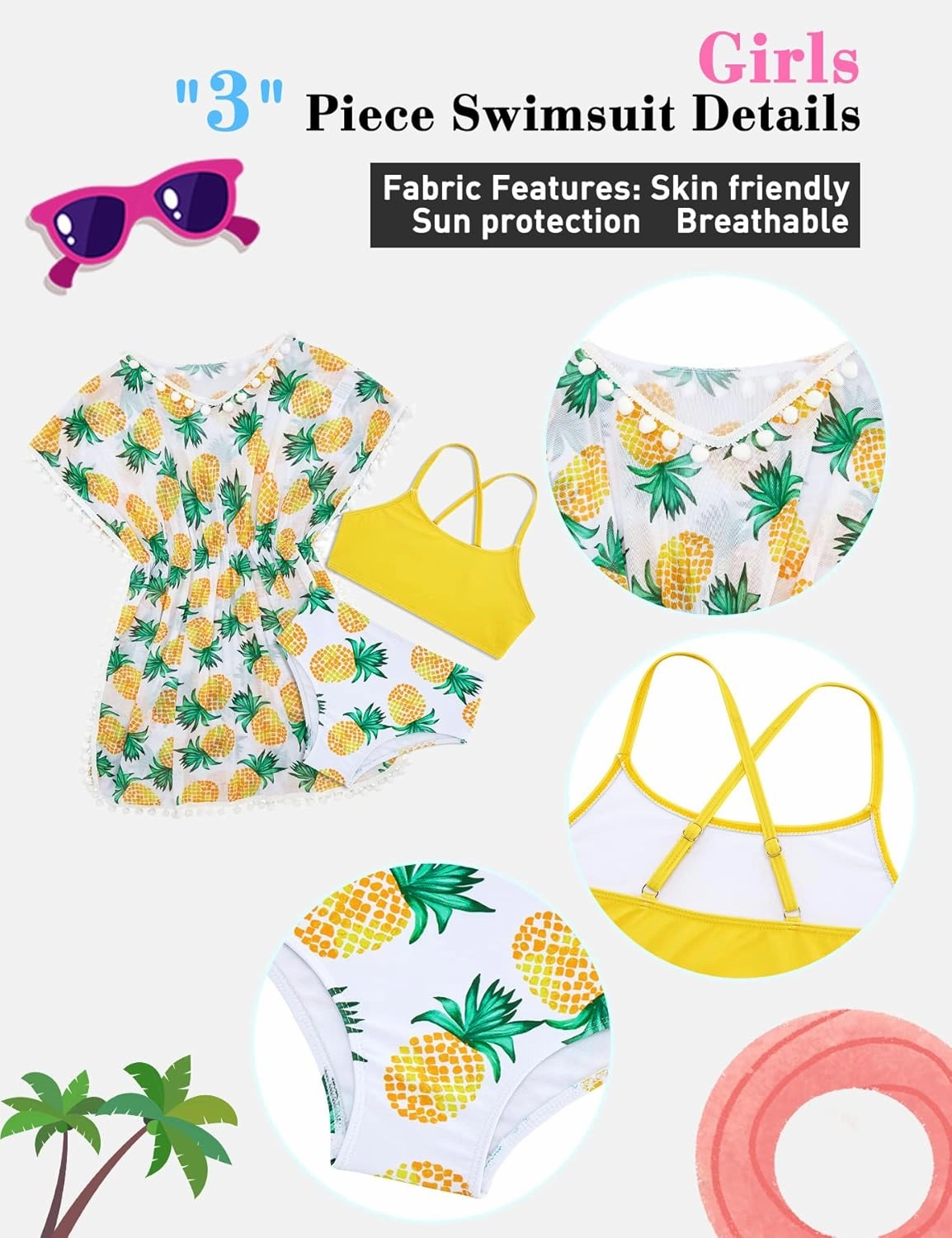 Goodstoworld 7-12Y Girls 3 Piece Cover Up Swimsuit Hawaiian Bikini Bathing Suit with Pompom Tassel