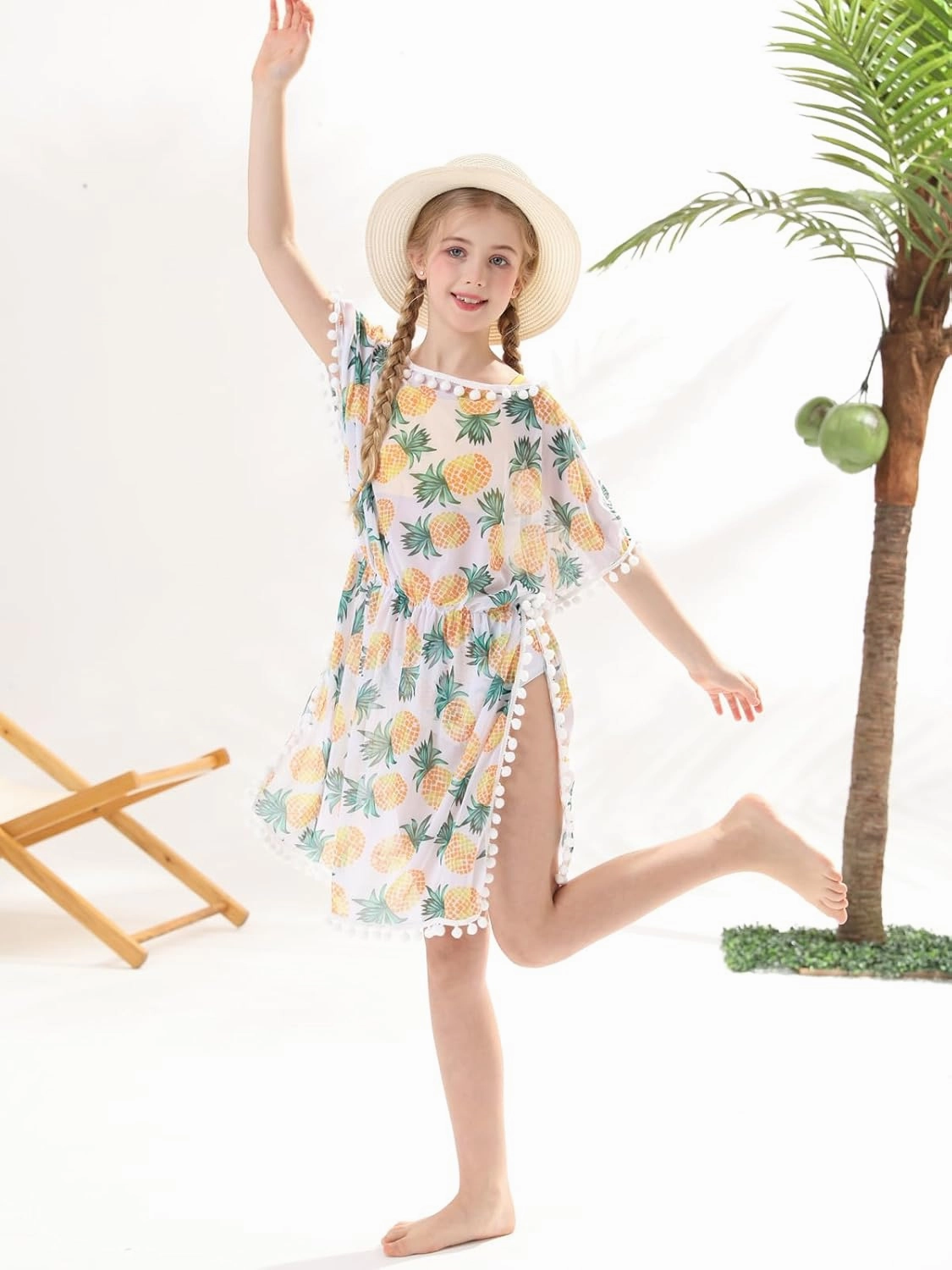 Goodstoworld 7-12Y Girls 3 Piece Cover Up Swimsuit Hawaiian Bikini Bathing Suit with Pompom Tassel