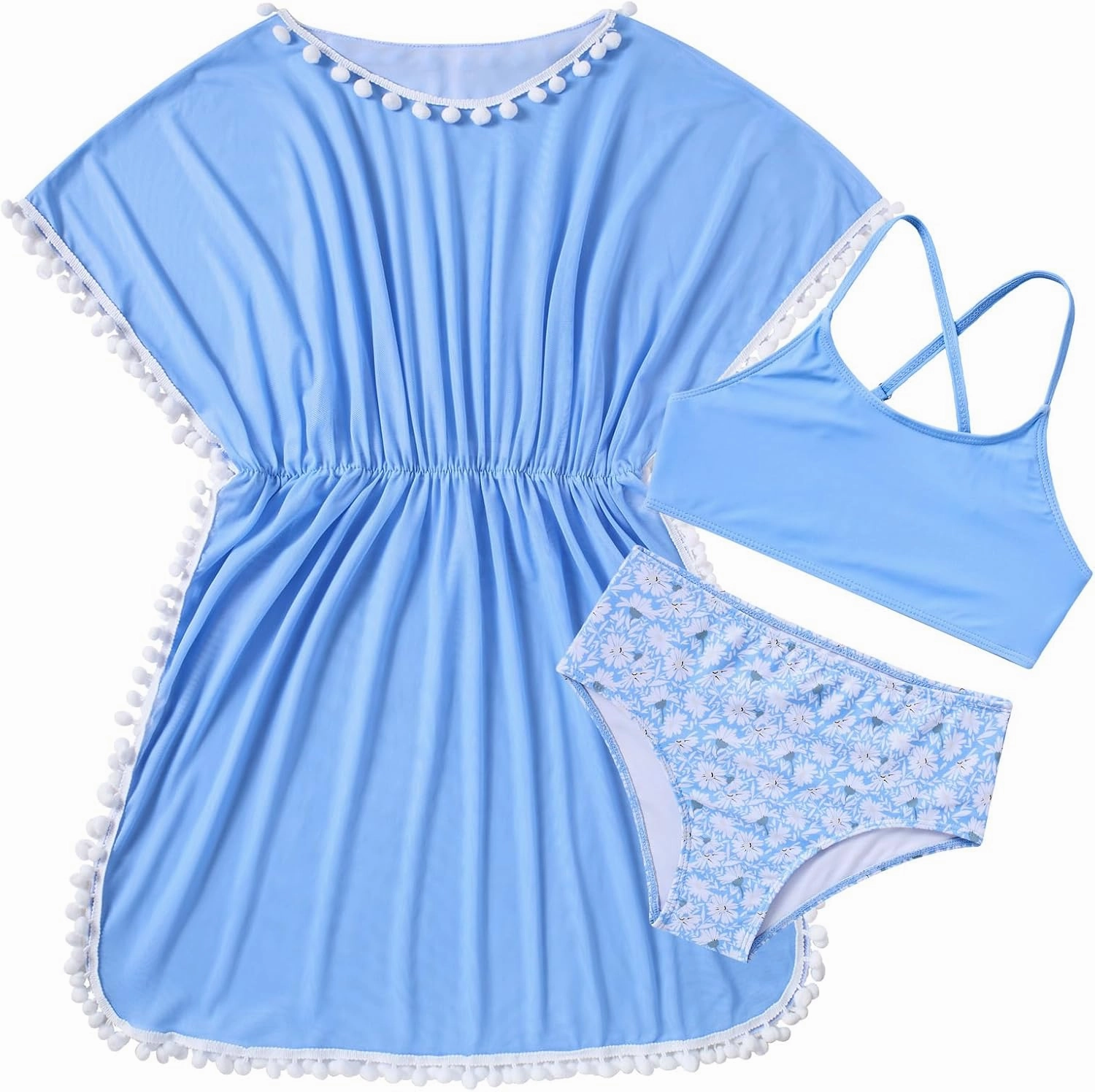 Goodstoworld 7-12Y Girls 3 Piece Cover Up Swimsuit Hawaiian Bikini Bathing Suit with Pompom Tassel