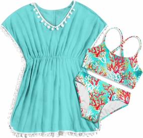 Goodstoworld 7-12Y Girls 3 Piece Cover Up Swimsuit Hawaiian Bikini Bathing Suit with Pompom Tassel
