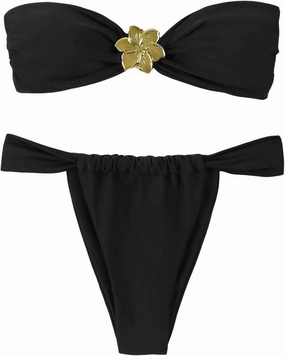 GORGLITTER Women's Flower Strapless Bandeau Swimsuit High Cut String Thong Bikini Set Bathing Suit
