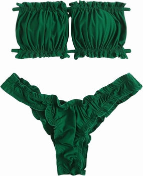 GORGLITTER Women's Ruched Frill Trim Bandeau Bikini Set Cutout Sleeveless Strapless Swimsuit 2 Piece Bathing Suit